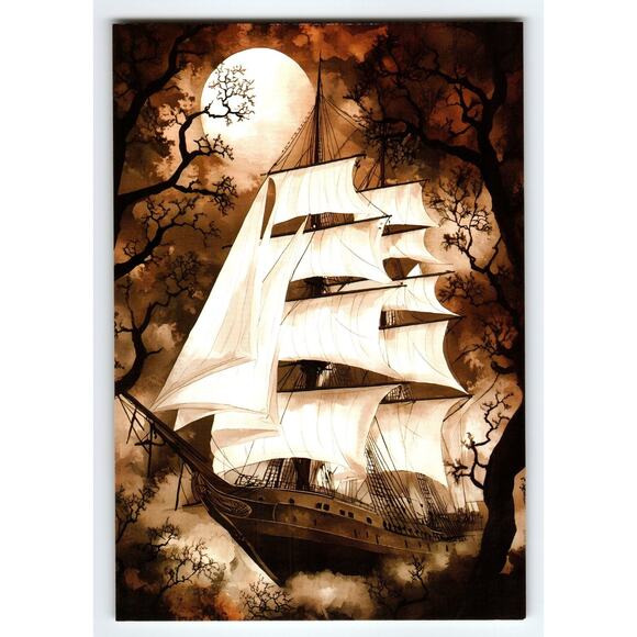 Vintage Halloween Ship Moonlit Night Photochrome Postcard 5.5x4" - Picture 1 of 2